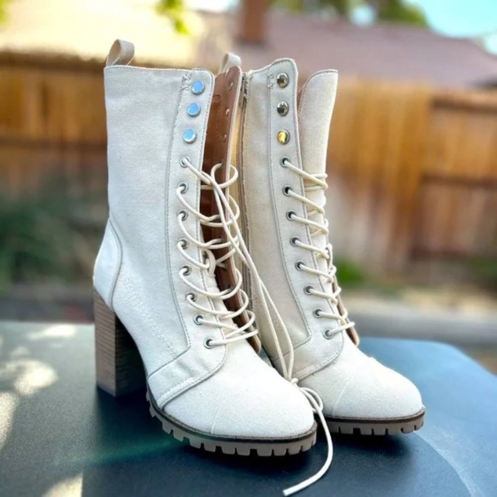 Dolce Vita Womens Ayleen Leather Mid-Calf Boots in Beige